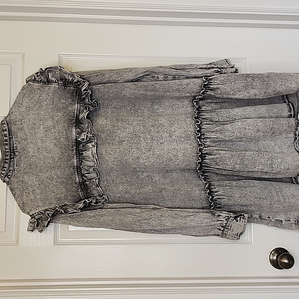 River Island Acid Wash Longsleeve Shirt Dress Pearl Button Down Size 12 - Picture 3 of 11